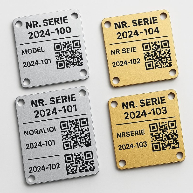 Placi identificare utilaje cu cod QR gravat - aluminiu argintiu si auriu