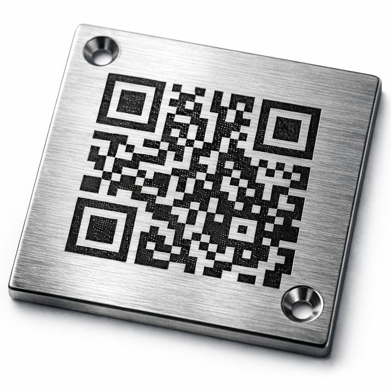 Placa inox cu cod QR gravat laser - marcare permanenta pe otel inoxidabil